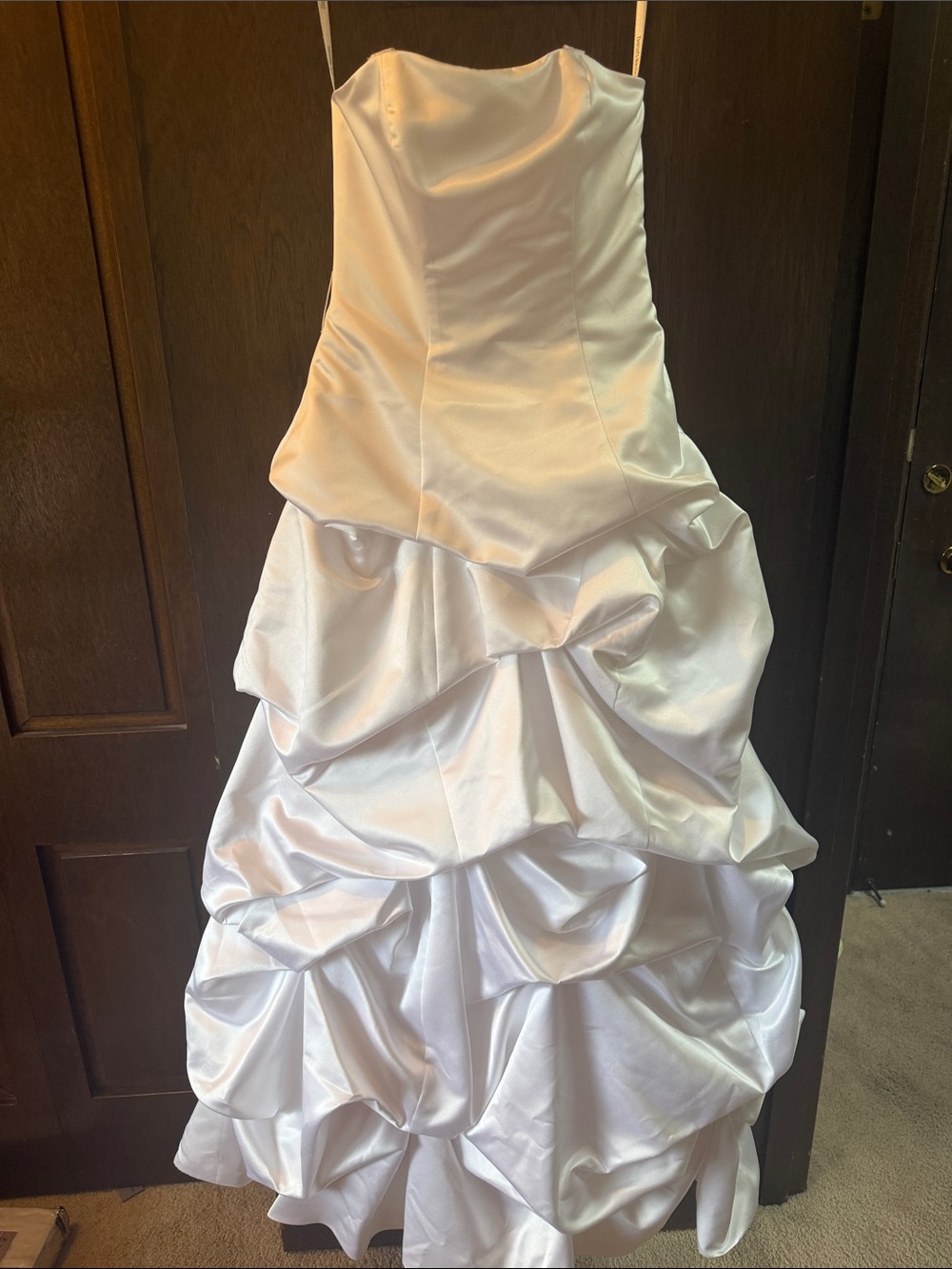 David's Bridal White Satin Strapless Ball Gown Wedding Dress